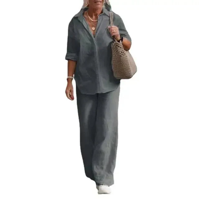 Ensemble Femme Lin Décontracté Élégant Manches Courtes Chemisier Boutonné – Haut Respirant et Pantalon Large – Tenue Légère d’Été - Image 8
