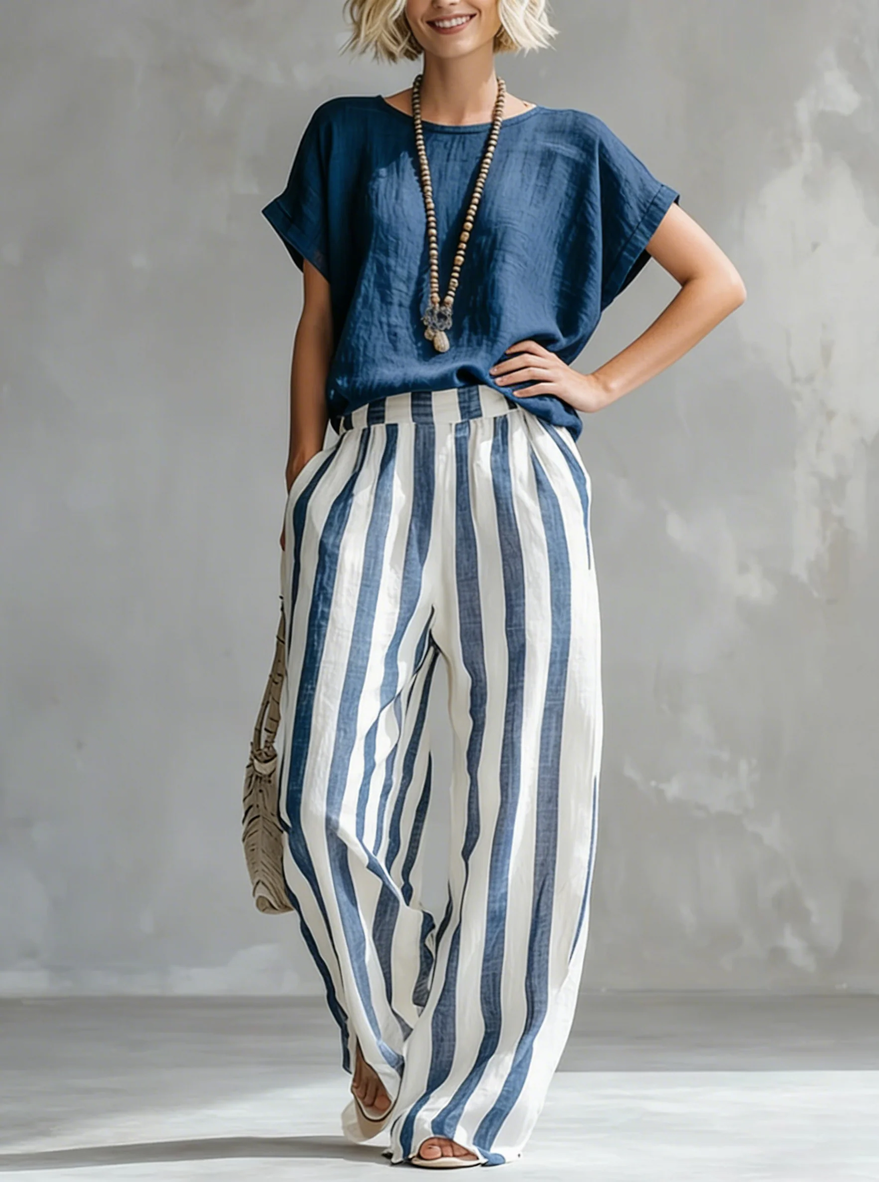 Ensemble femme rayé en coton et lin – Coupe ample décontractée