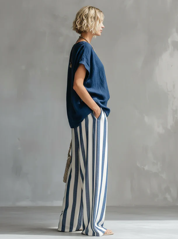 Ensemble femme rayé en coton et lin – Coupe ample décontractée - Image 2