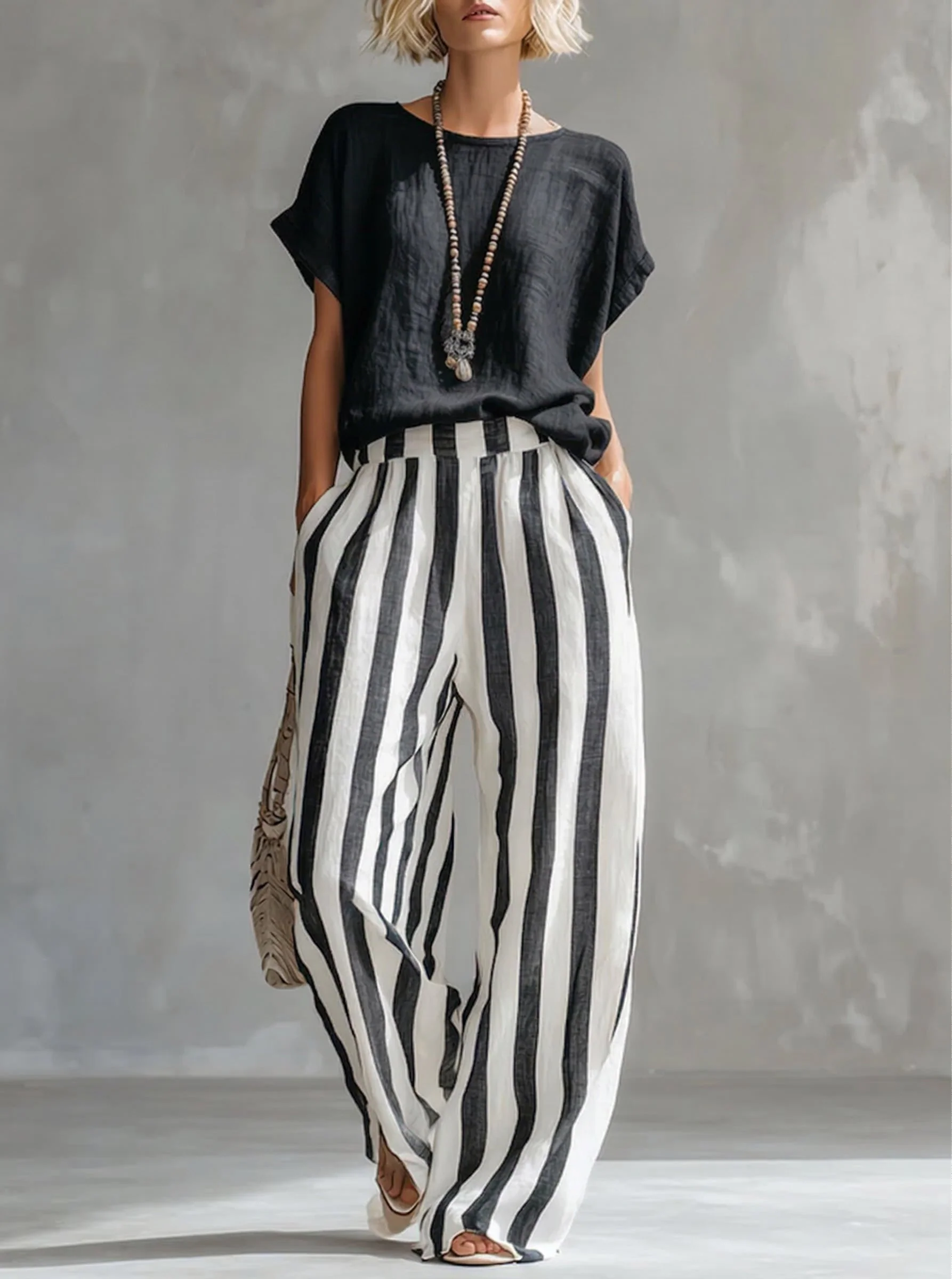 Ensemble femme rayé en coton et lin – Coupe ample décontractée - Image 3
