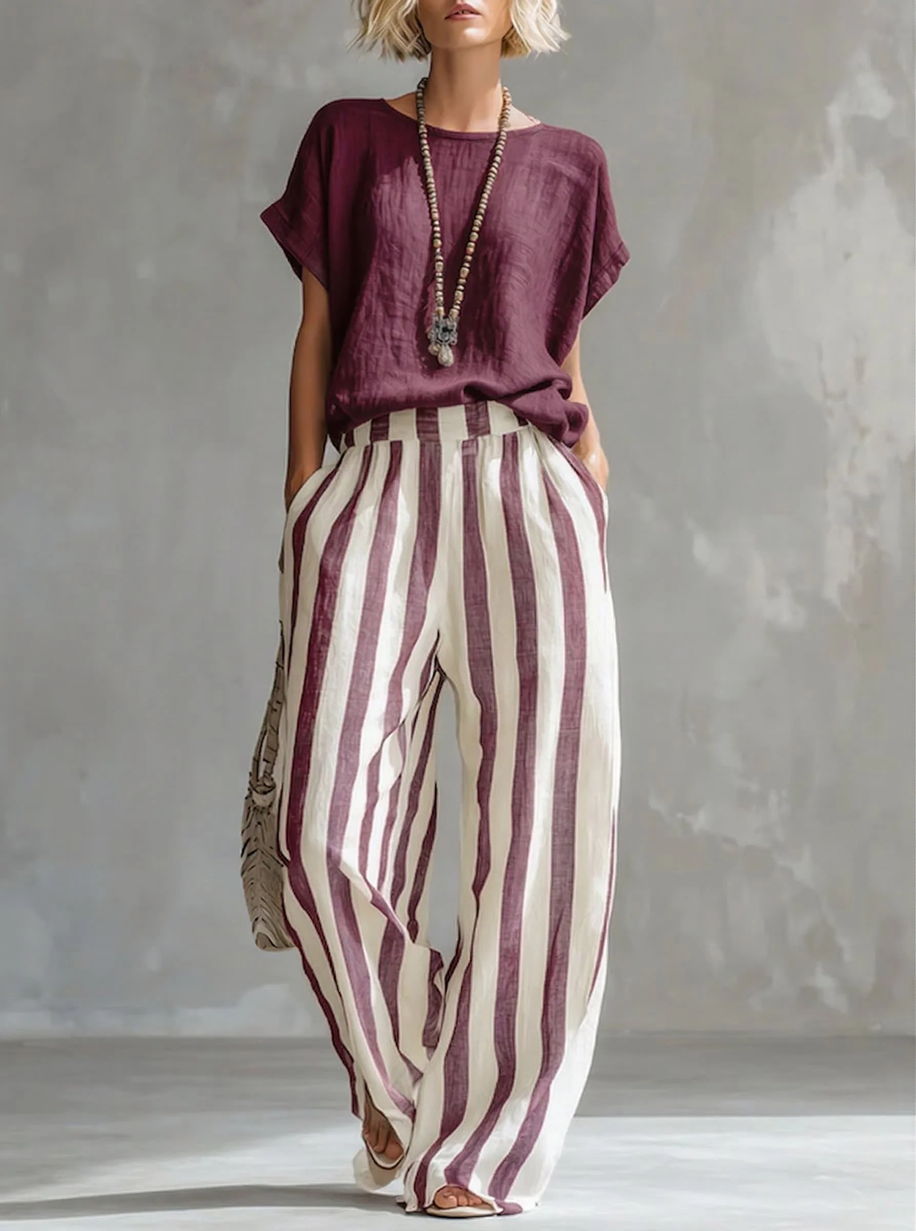 Ensemble femme rayé en coton et lin – Coupe ample décontractée - Image 4