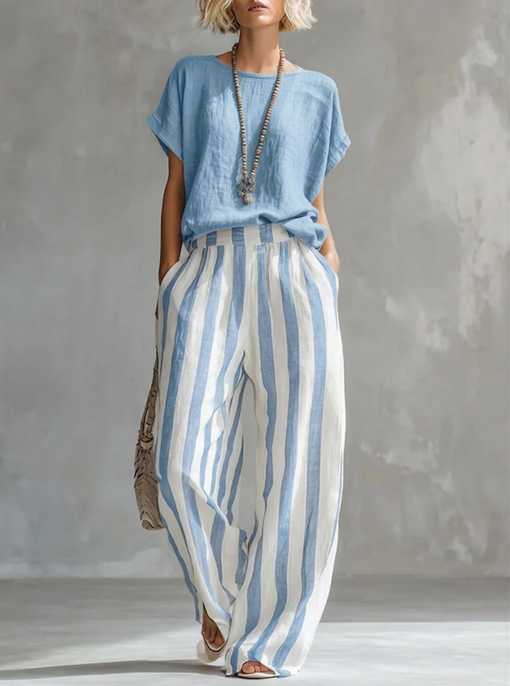 Ensemble femme rayé en coton et lin – Coupe ample décontractée - Image 5
