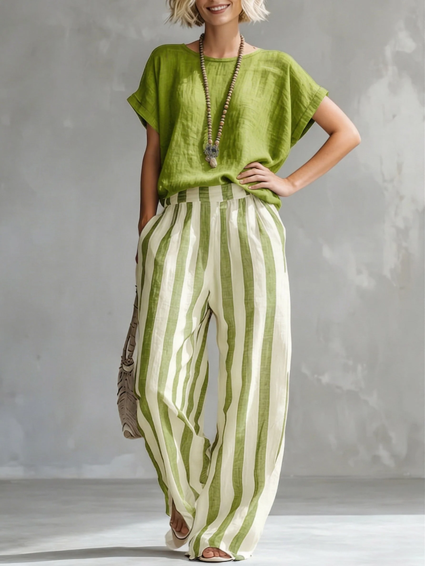 Ensemble femme rayé en coton et lin – Coupe ample décontractée - Image 6