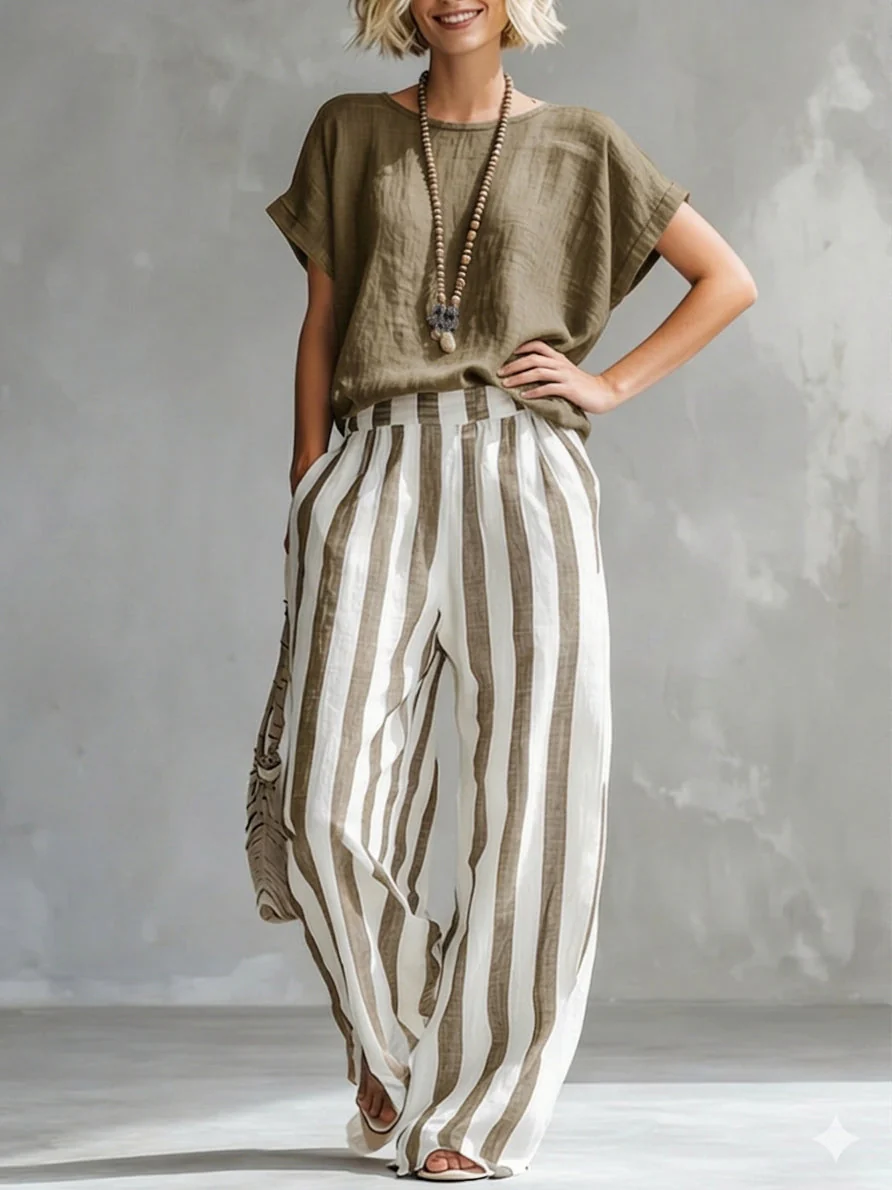 Ensemble femme rayé en coton et lin – Coupe ample décontractée - Image 7