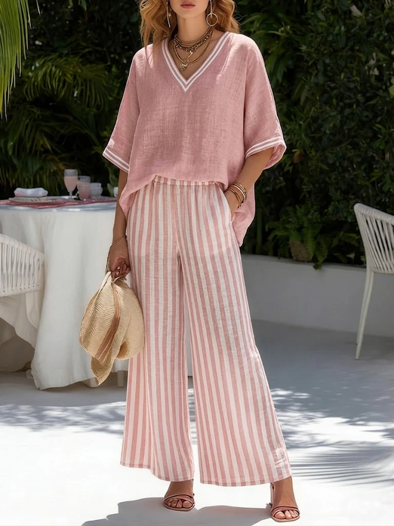 Ensemble femme rayé en coton et lin – Haut patchwork et pantalon assorti - Image 2