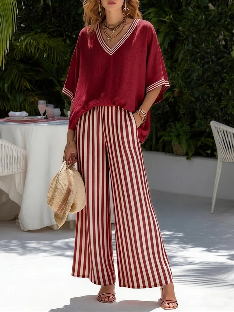 Ensemble femme rayé en coton et lin – Haut patchwork et pantalon assorti - Image 3