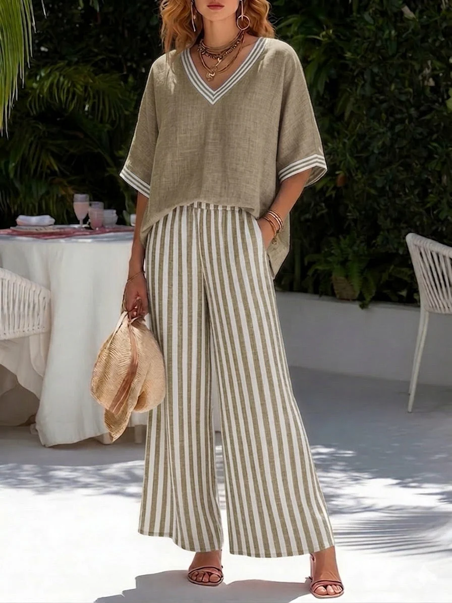 Ensemble femme rayé en coton et lin – Haut patchwork et pantalon assorti - Image 6