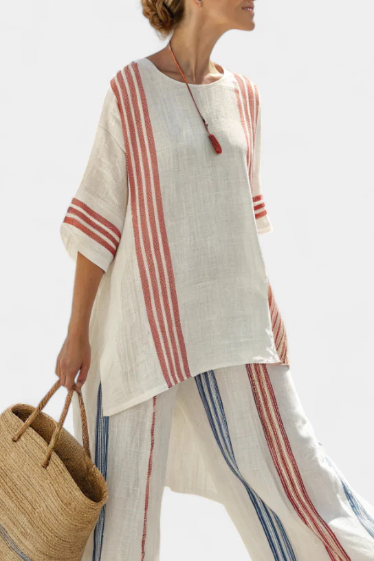 Ensemble femme rayé multicolore – Haut sophistiqué et pantalon fluide - Image 2