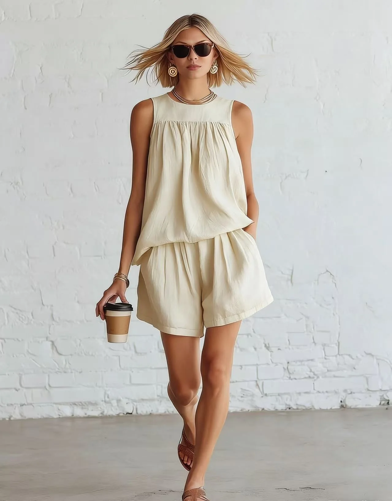 Ensemble femme retro top plisse sans manches et short large - Elegant et estival - Image 7