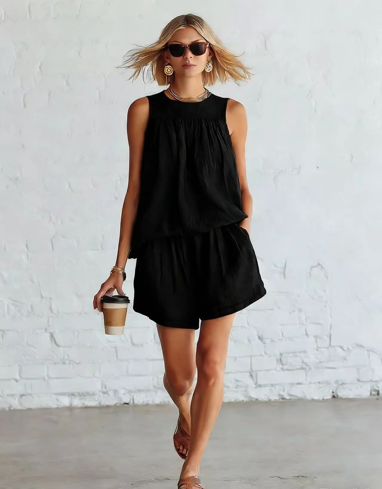 Ensemble femme retro top plisse sans manches et short large - Elegant et estival - Image 9