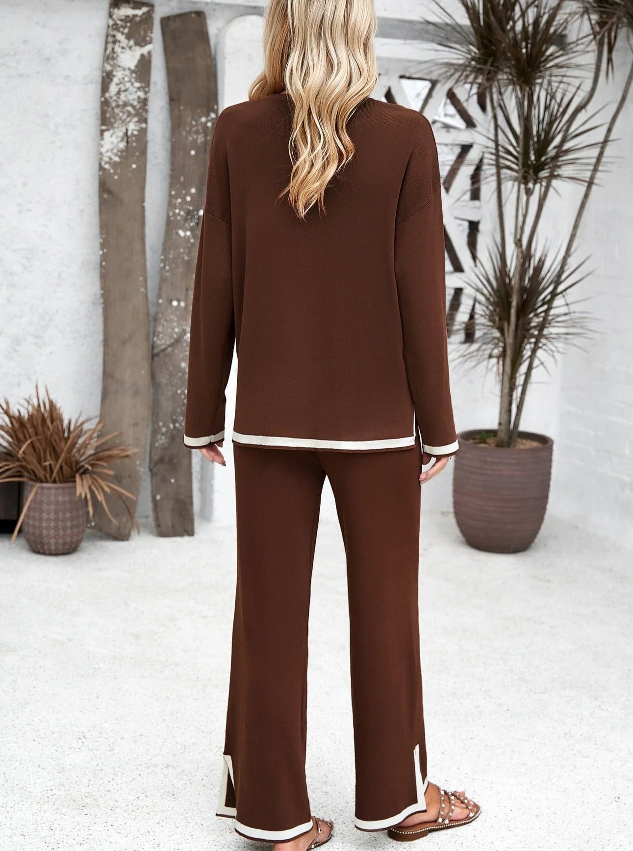 Ensemble Femme Tricoté Élégant Deux Pièces – Haut Col Rond et Pantalon Large - Image 12