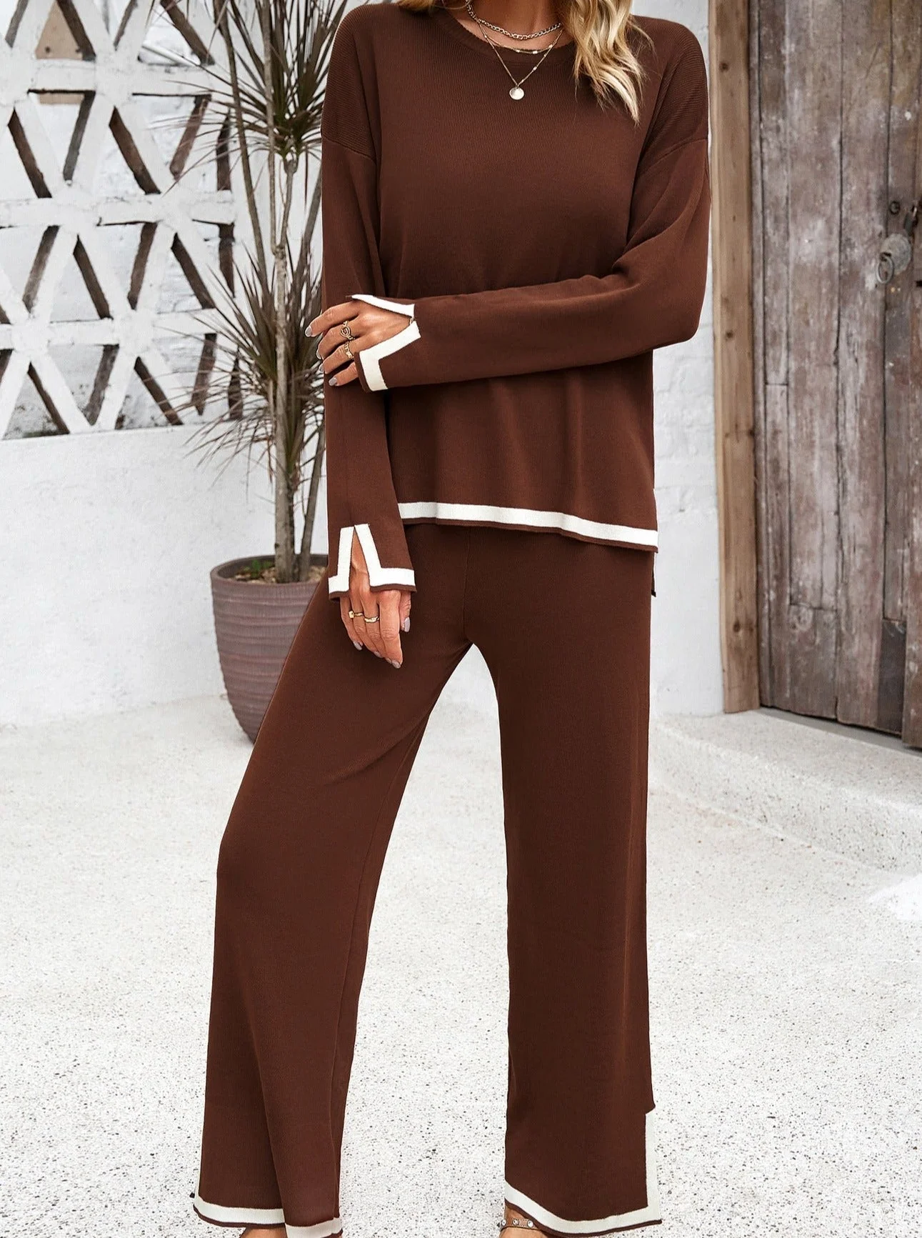 Ensemble Femme Tricoté Élégant Deux Pièces – Haut Col Rond et Pantalon Large - Image 13