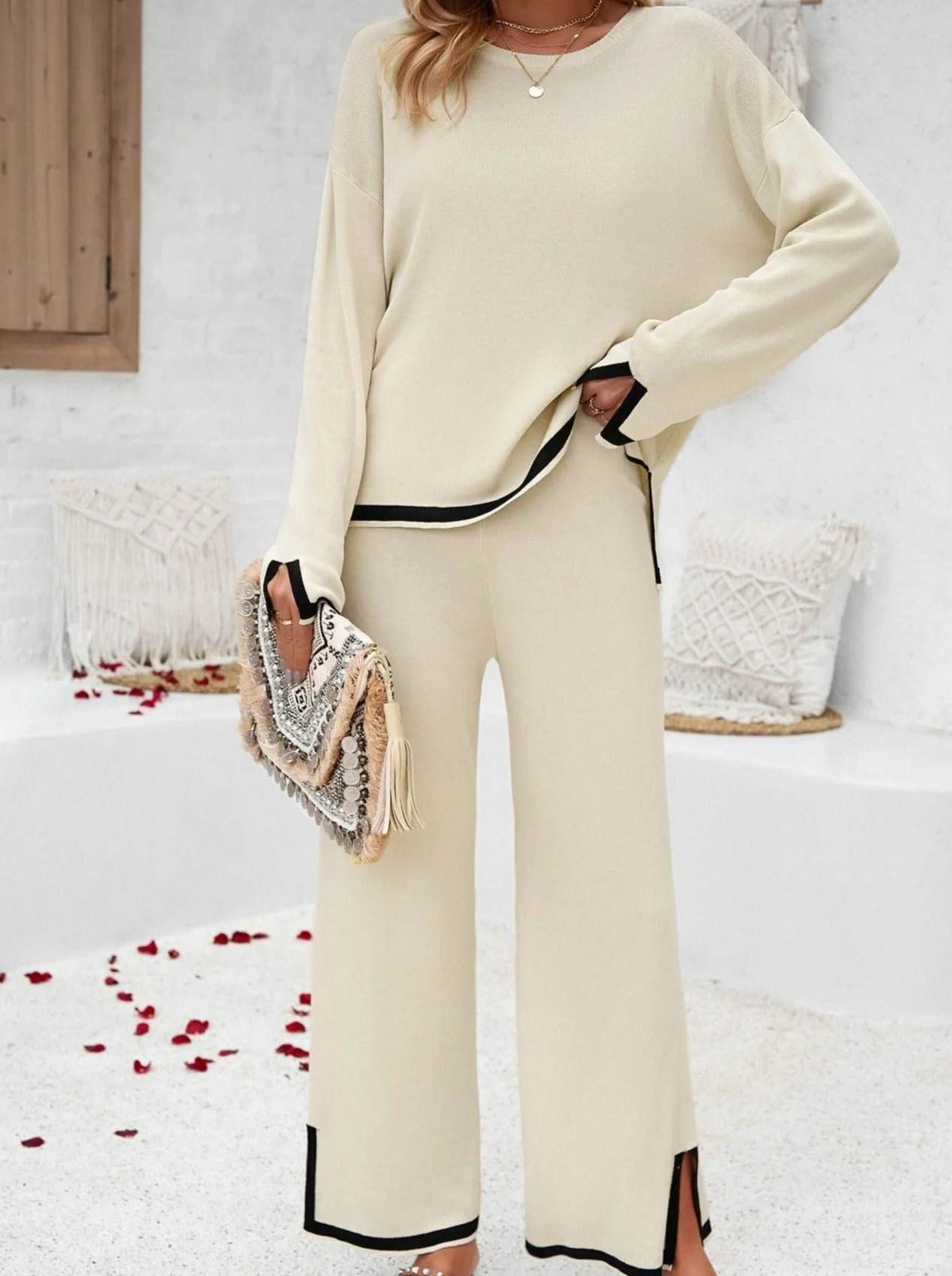 Ensemble Femme Tricoté Élégant Deux Pièces – Haut Col Rond et Pantalon Large - Image 3