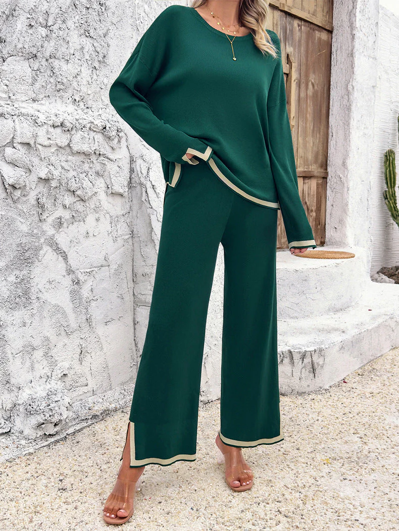 Ensemble Femme Tricoté Élégant Deux Pièces – Haut Col Rond et Pantalon Large - Image 8