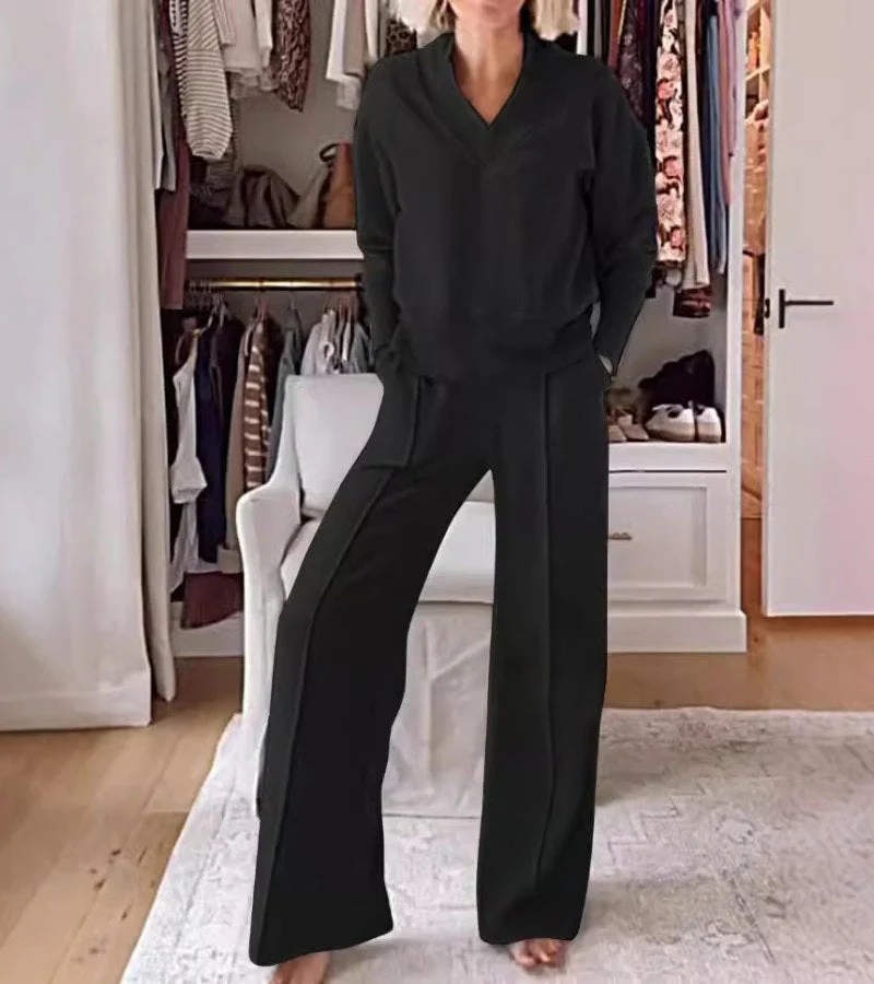 Ensemble Lounge Moderne Deux Pièces Femme – Haut Col V Manches Longues et Pantalon Large - Image 2