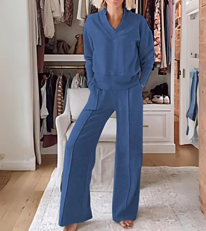 Ensemble Lounge Moderne Deux Pièces Femme – Haut Col V Manches Longues et Pantalon Large - Image 3