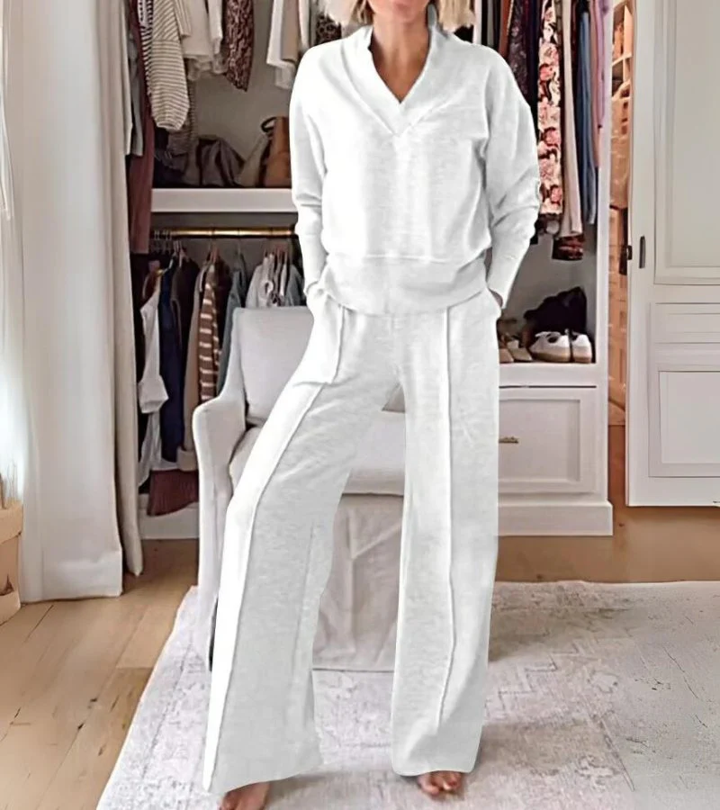 Ensemble Lounge Moderne Deux Pièces Femme – Haut Col V Manches Longues et Pantalon Large - Image 4