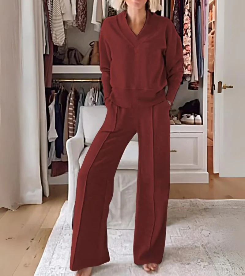 Ensemble Lounge Moderne Deux Pièces Femme – Haut Col V Manches Longues et Pantalon Large - Image 5