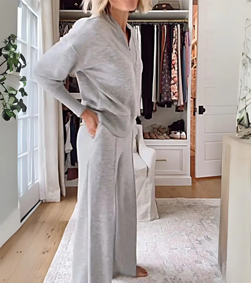 Ensemble Lounge Moderne Deux Pièces Femme – Haut Col V Manches Longues et Pantalon Large - Image 6