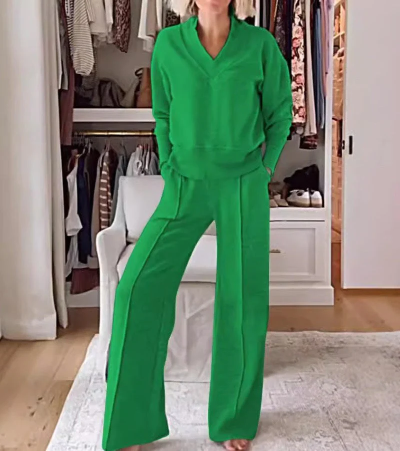 Ensemble Lounge Moderne Deux Pièces Femme – Haut Col V Manches Longues et Pantalon Large - Image 8