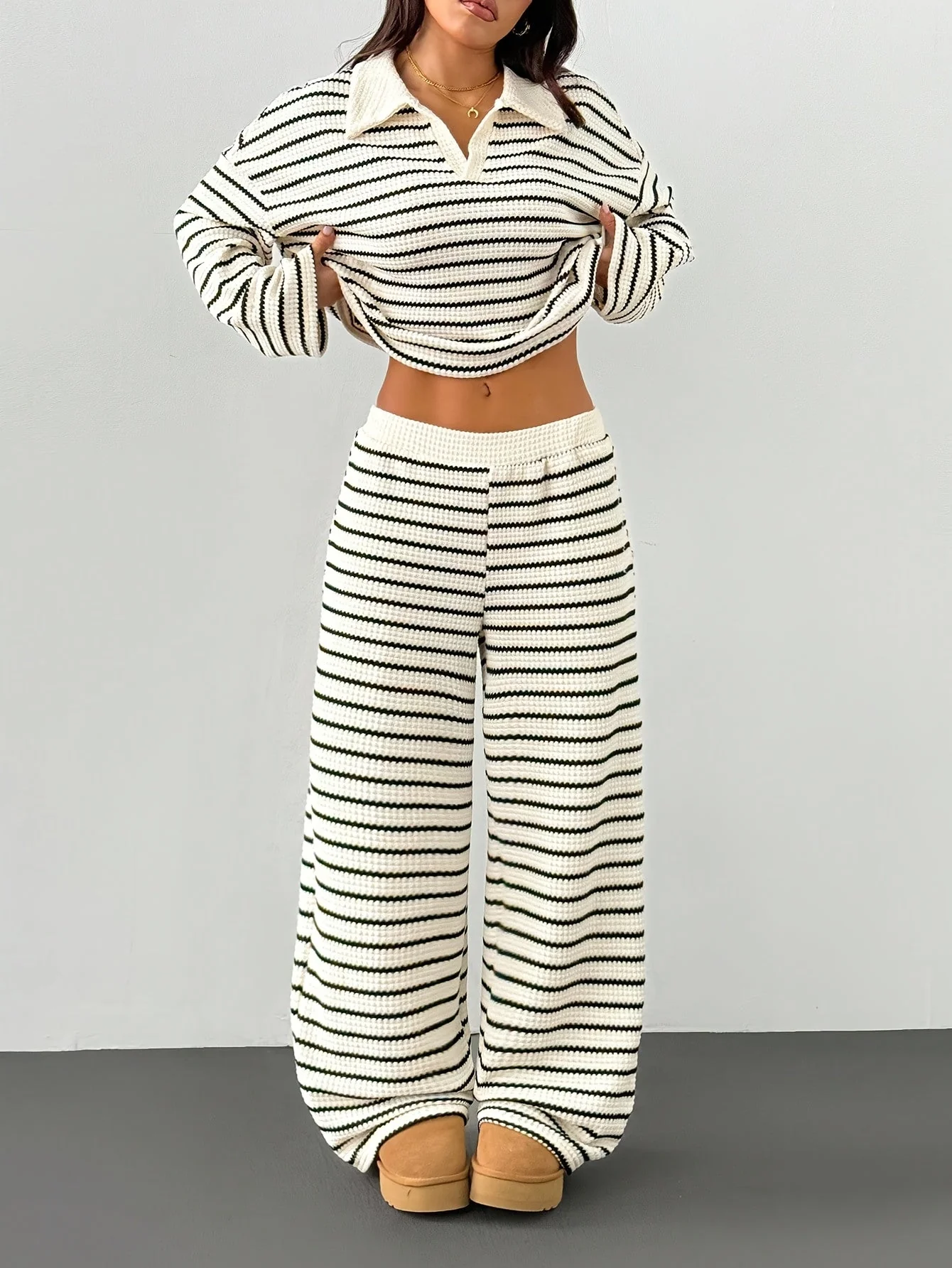 Ensemble Loungewear Femme Deux Pièces Rayé – Style Décontracté Moderne - Image 2