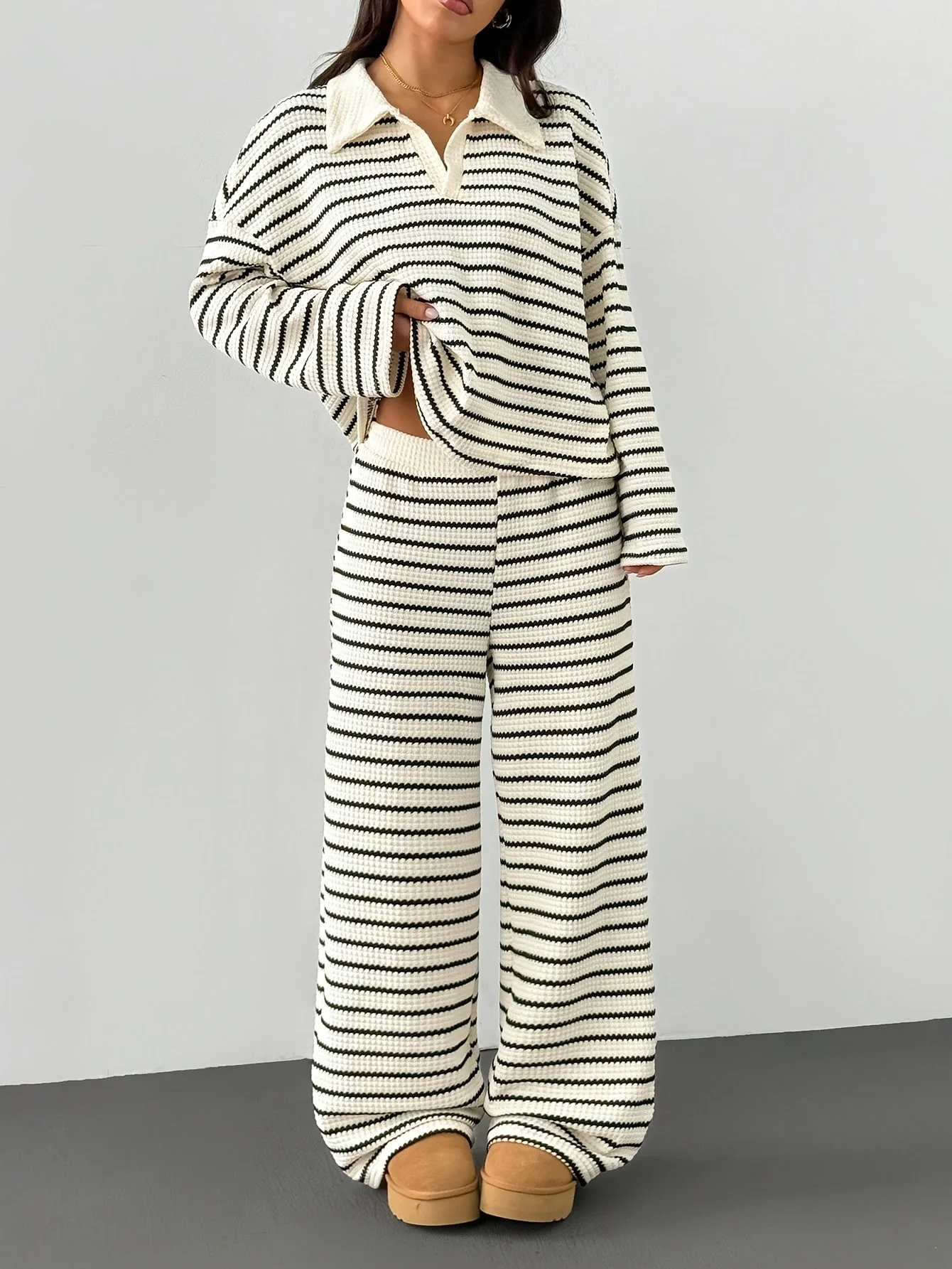 Ensemble Loungewear Femme Deux Pièces Rayé – Style Décontracté Moderne - Image 4