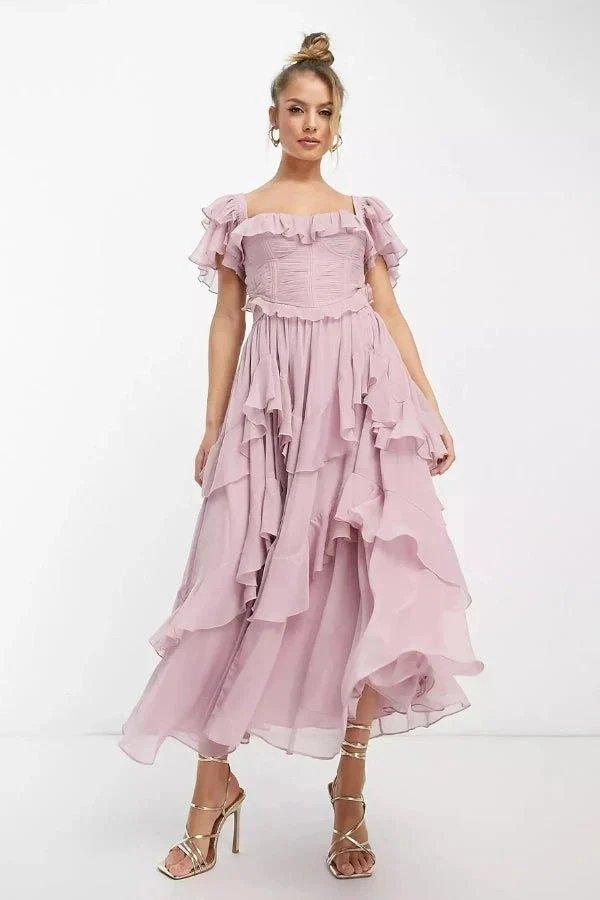 Ensemble midi rose à manches volantées avec détail corset pour femmes – Tenue deux pièces élégante - Image 2