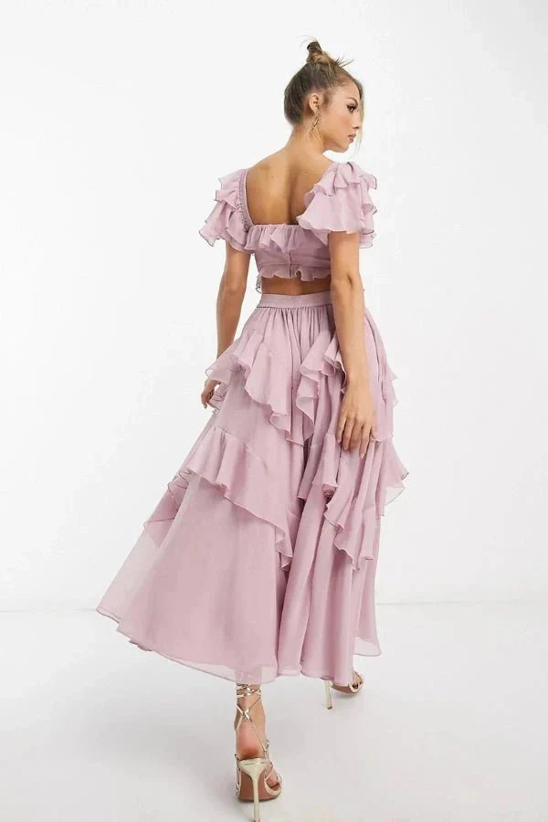 Ensemble midi rose à manches volantées avec détail corset pour femmes – Tenue deux pièces élégante - Image 3
