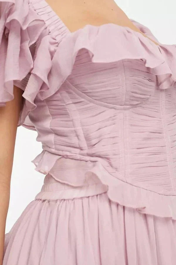 Ensemble midi rose à manches volantées avec détail corset pour femmes – Tenue deux pièces élégante - Image 4