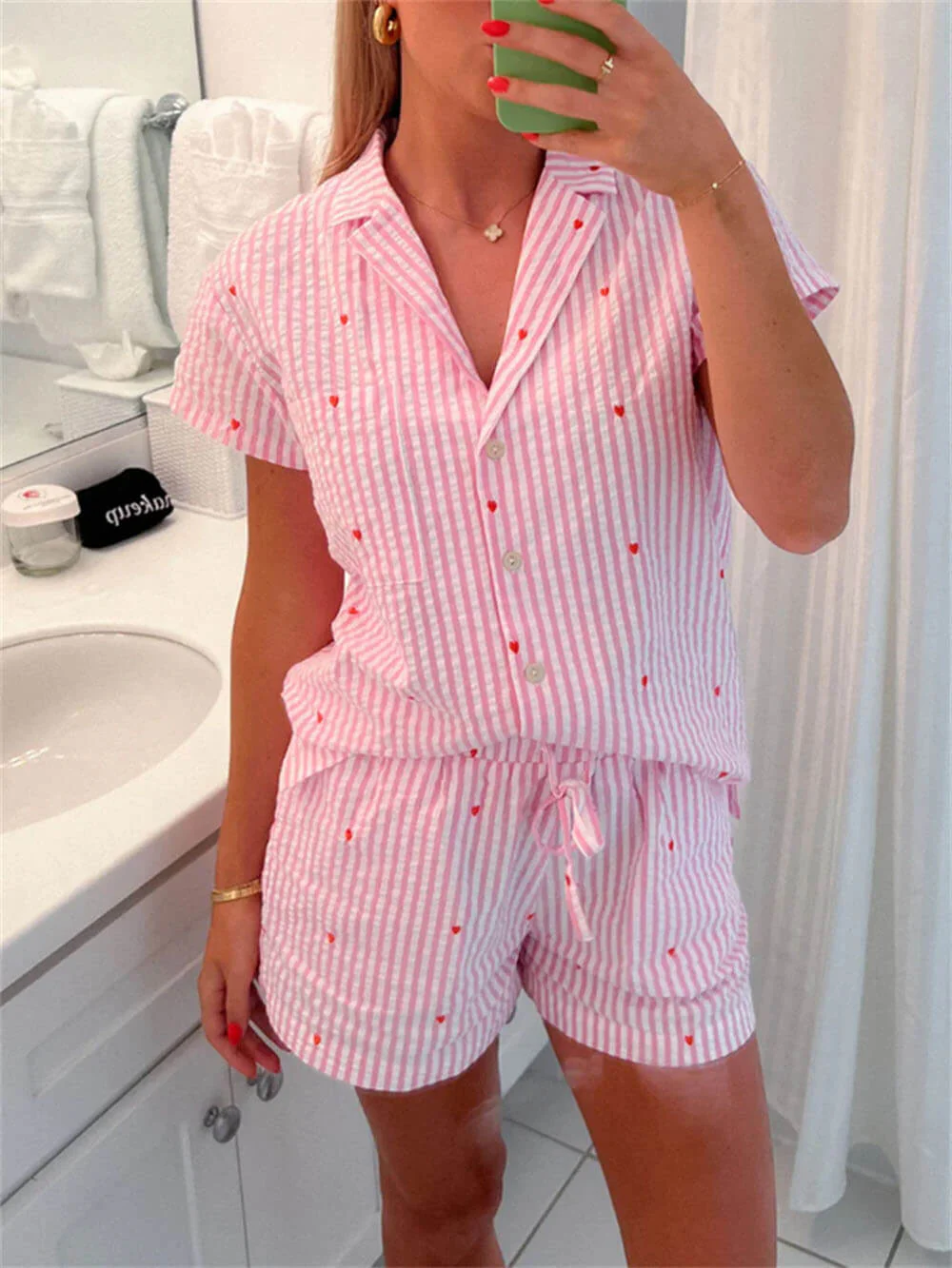Ensemble Pyjama Court Rayé Confortable Femme – Chemise Boutonnée à Manches Courtes avec Shorts Assortis - Image 3