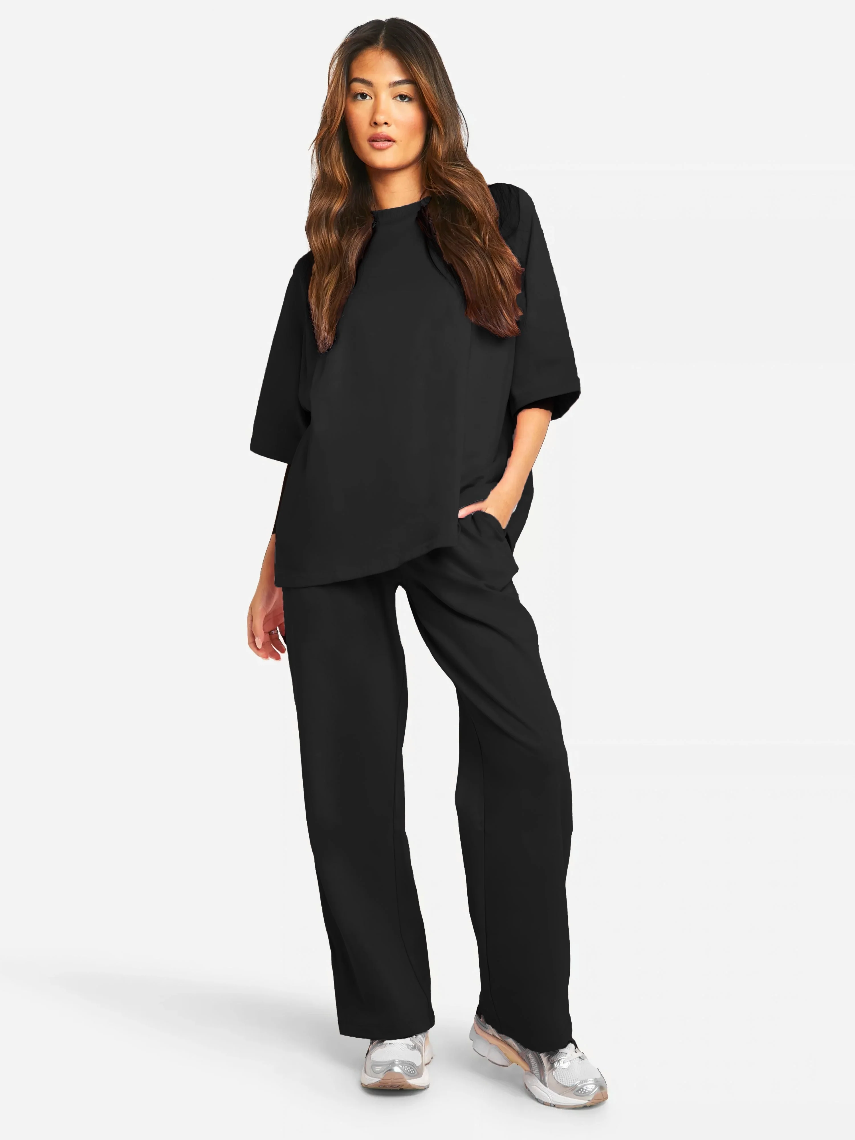 Ensemble T-Shirt Col Haut et Jogging Droit pour Femme – Coupe Oversize Décontractée d’Été - Image 3