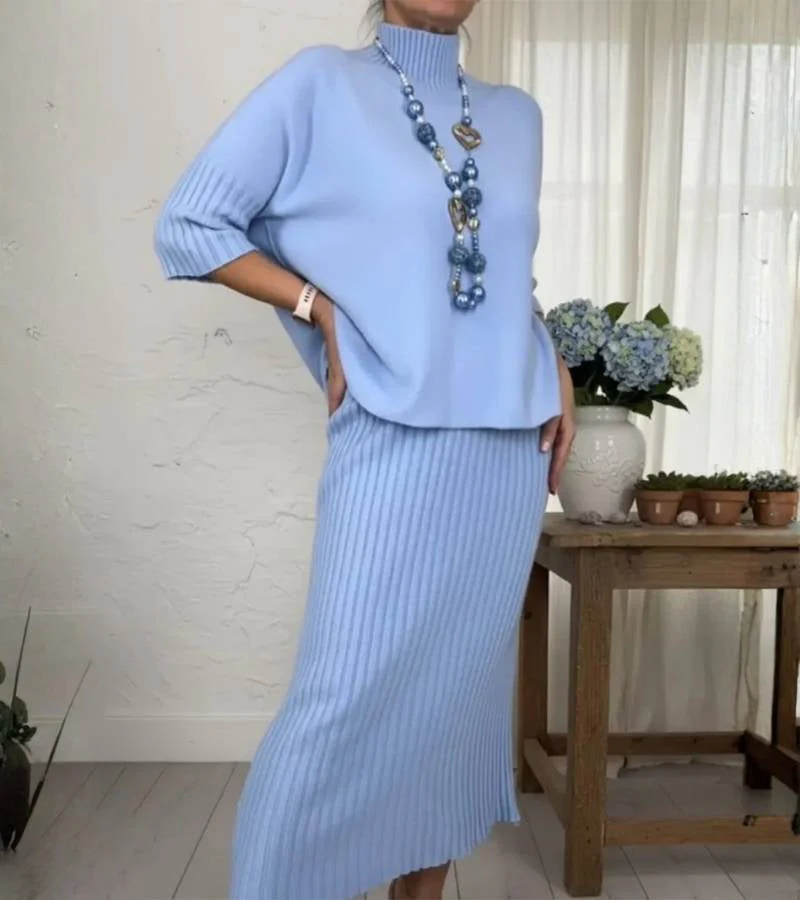 Ensemble Tricot Élégant Femme – Pull Col Roulé Côtelé et Jupe Midi