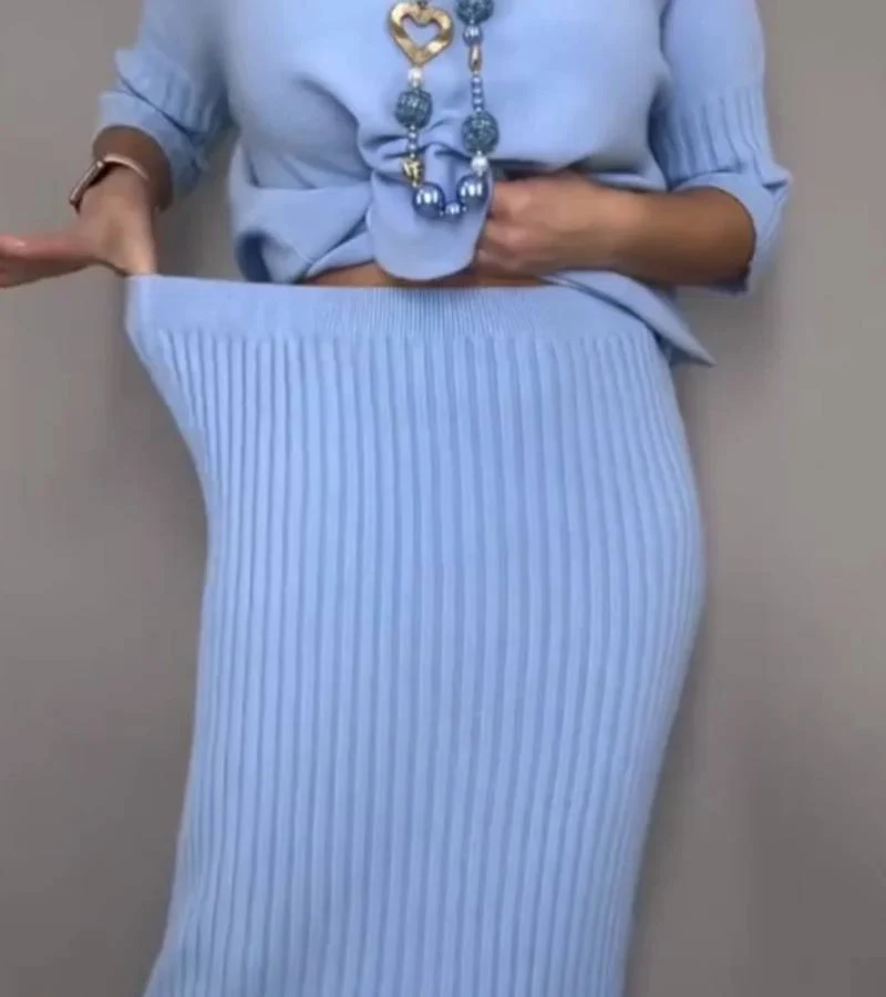 Ensemble Tricot Élégant Femme – Pull Col Roulé Côtelé et Jupe Midi - Image 5