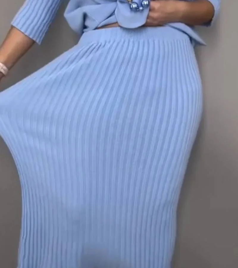 Ensemble Tricot Élégant Femme – Pull Col Roulé Côtelé et Jupe Midi - Image 6