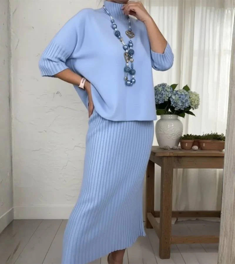 Ensemble Tricot Élégant Femme – Pull Col Roulé Côtelé et Jupe Midi - Image 7