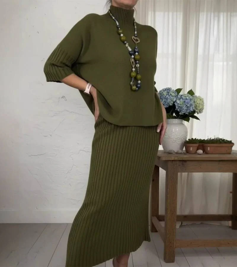 Ensemble Tricot Élégant Femme – Pull Col Roulé Côtelé et Jupe Midi - Image 8