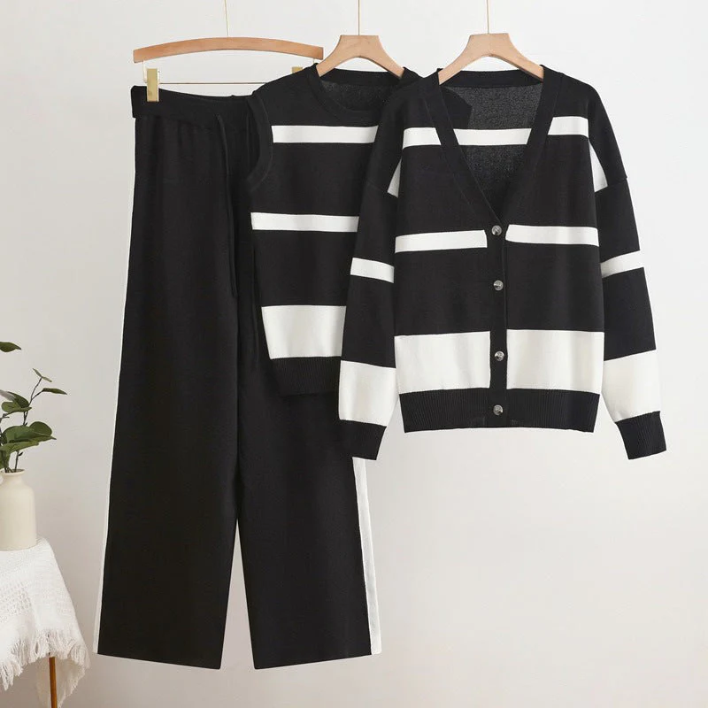 Ensemble tricoté 3 pièces pour femme – Gilet rayé débardeur et pantalon élégant - Image 2