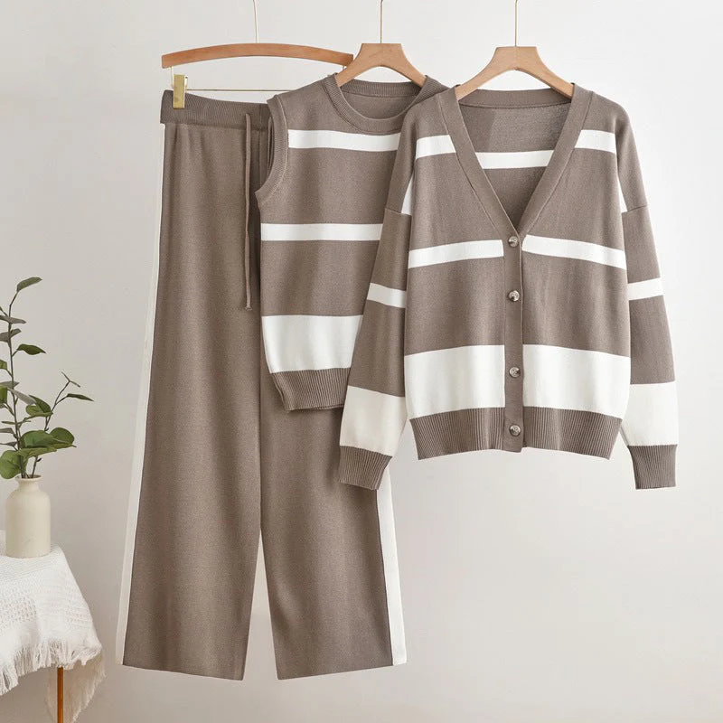 Ensemble tricoté 3 pièces pour femme – Gilet rayé débardeur et pantalon élégant - Image 3