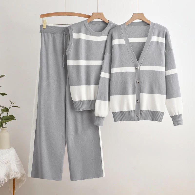 Ensemble tricoté 3 pièces pour femme – Gilet rayé débardeur et pantalon élégant - Image 4