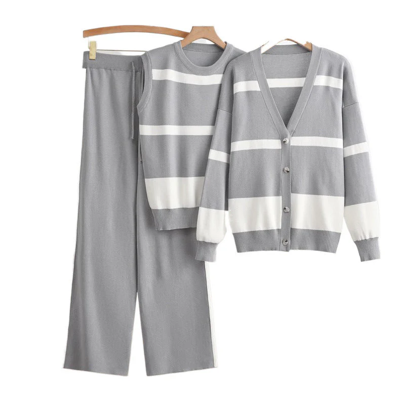 Ensemble tricoté 3 pièces pour femme – Gilet rayé débardeur et pantalon élégant - Image 5