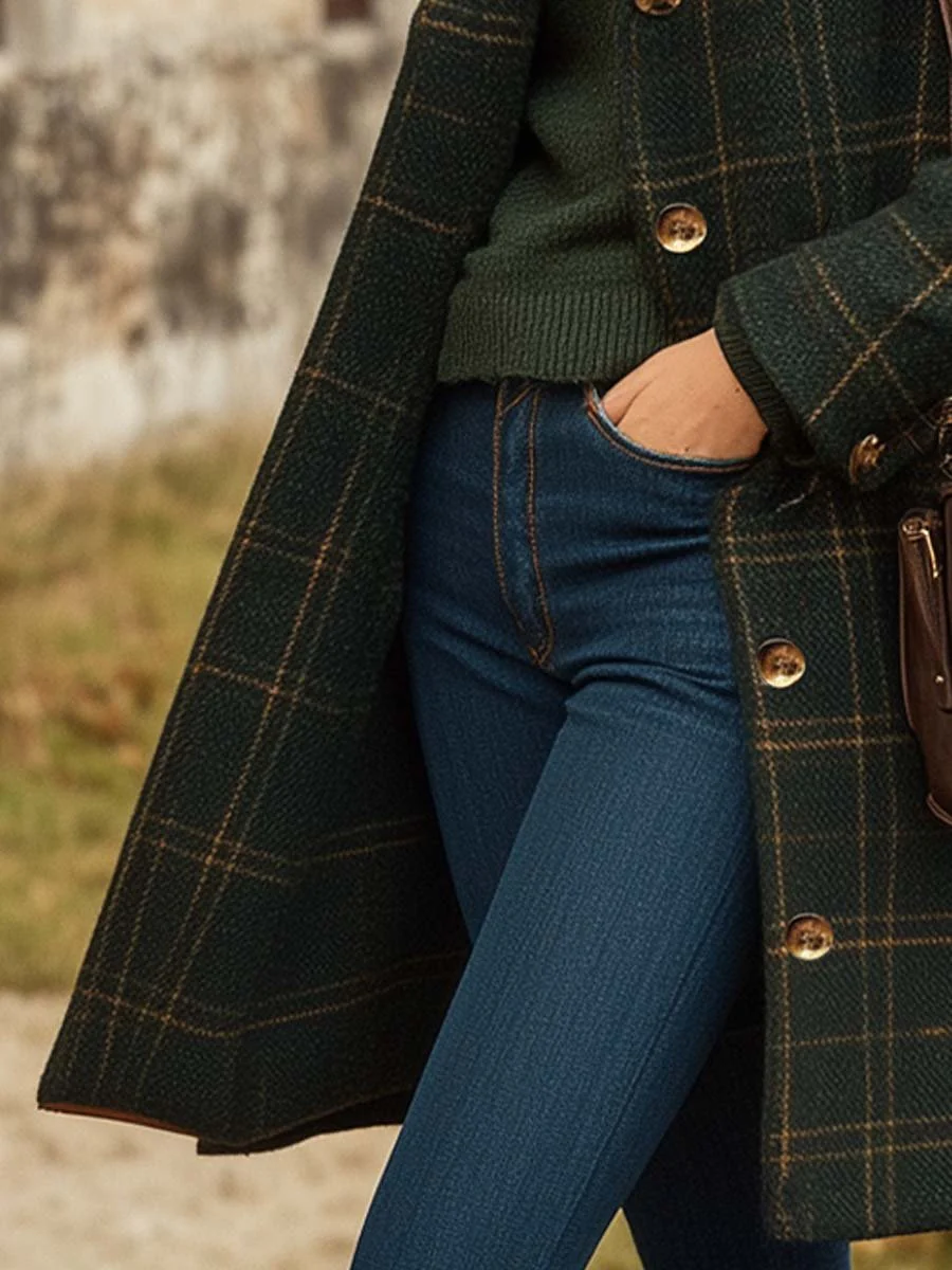 Femme élégant laine carreaux Manteau d'hiver – Long boutonné vêtement d'extérieur - Image 3