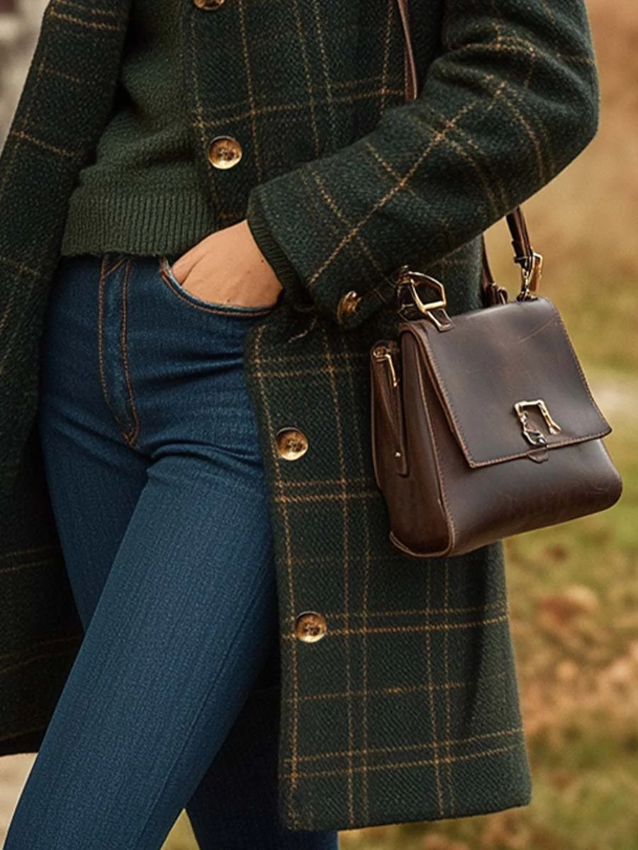 Femme élégant laine carreaux Manteau d'hiver – Long boutonné vêtement d'extérieur - Image 4