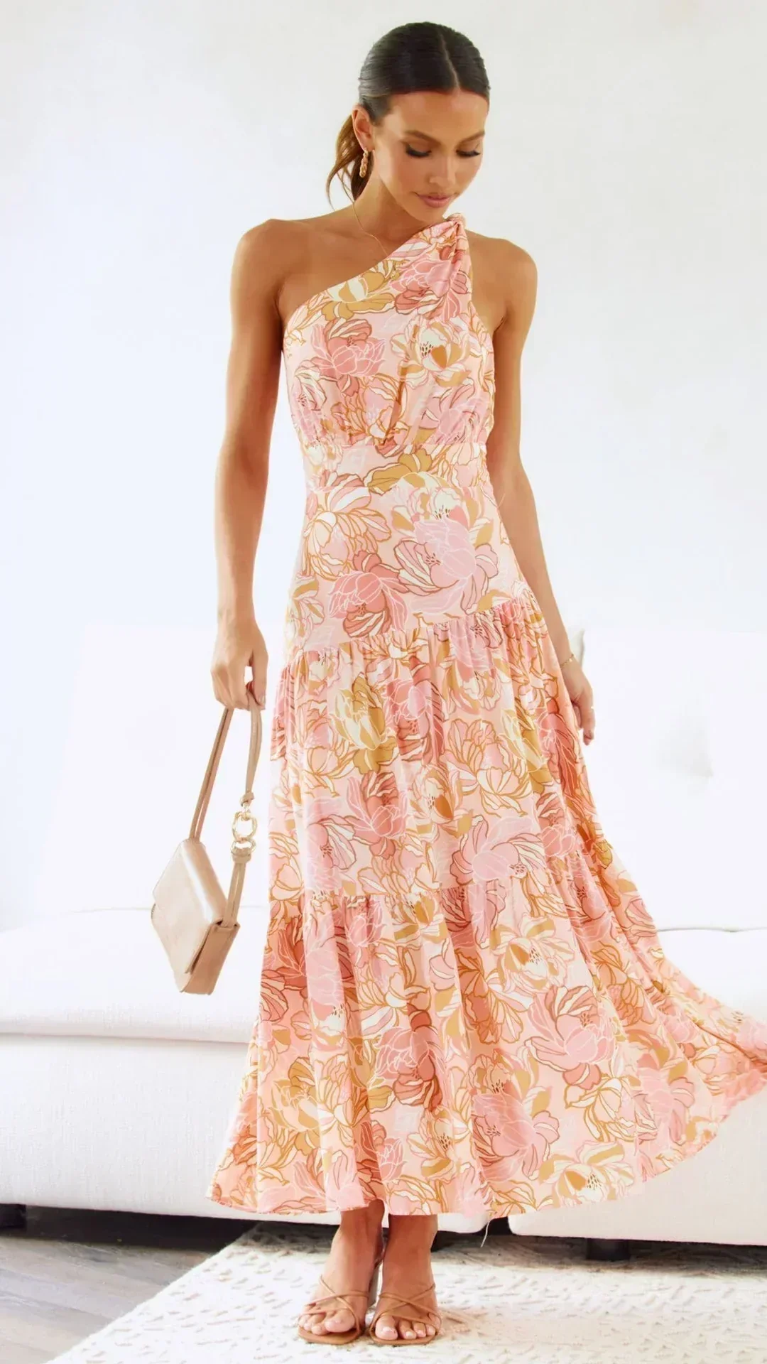Femme Midi Florale Élégante à Épaule Unique Invitées de Mariage Robe - Image 7