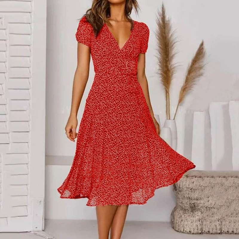 Femmes Évasée Élégante à Encolure en V Midi Robe – Flatteuse, Légère - Image 6