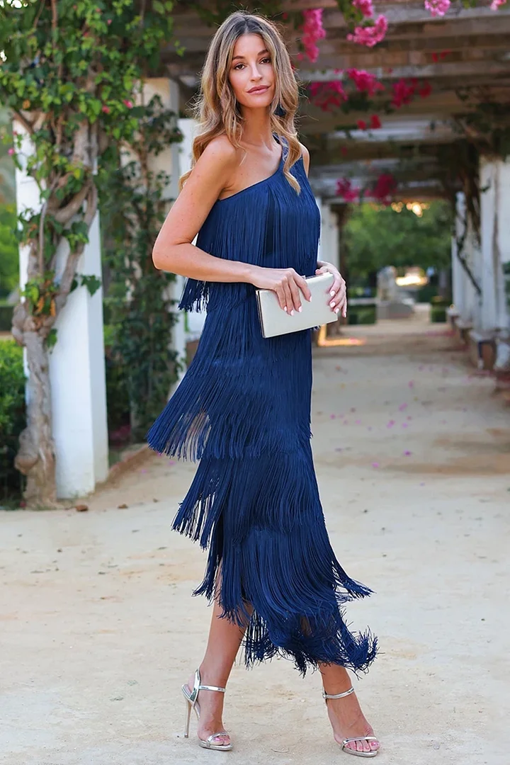 Femmes Longue Maxi Bleue à Franges Invitées de Mariage Robe – Fluide, Élégante - Image 2