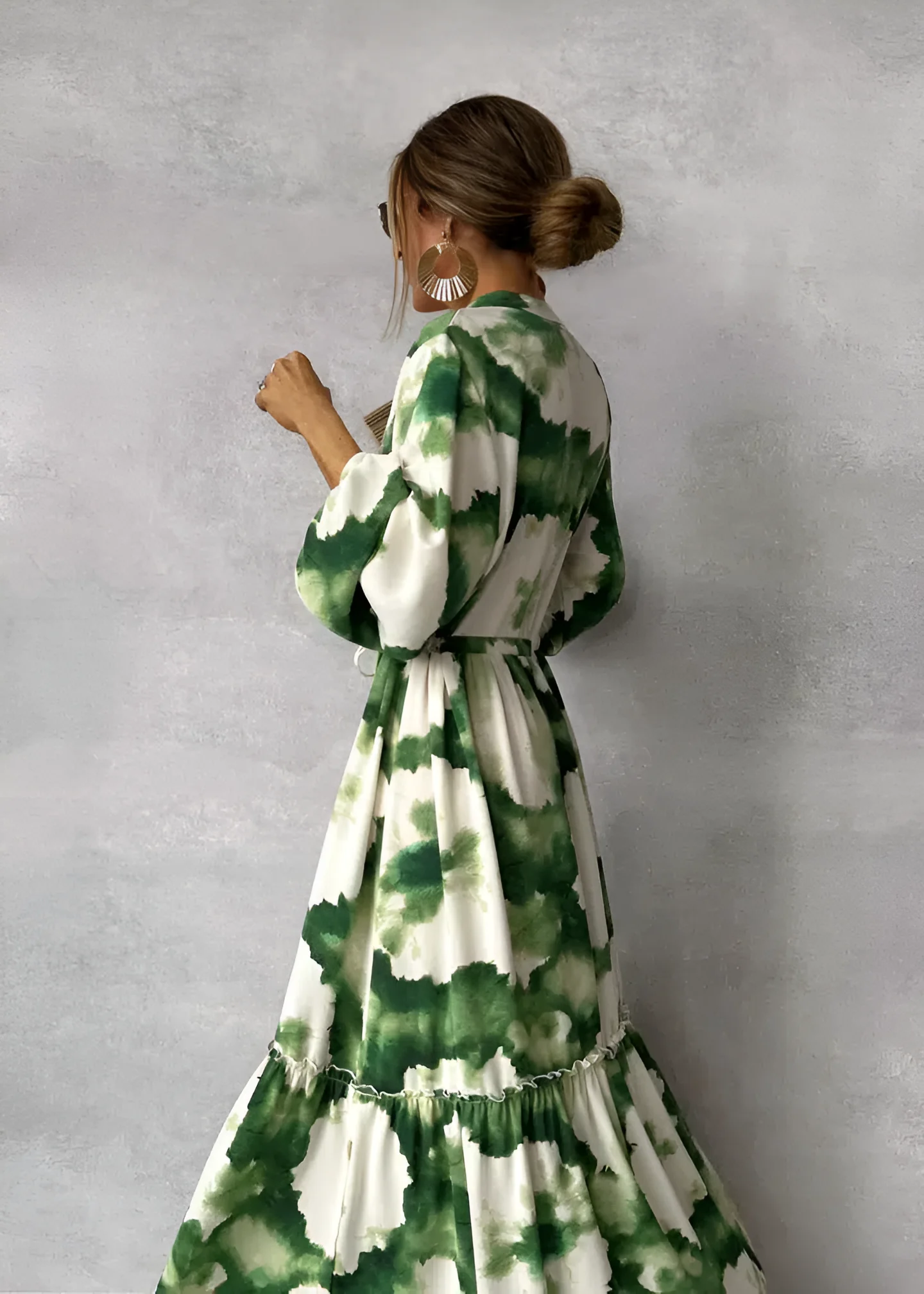 Femmes Robe Maxi Verte Élégante à Manches Bouffantes – Stylé, Écoulement - Image 2