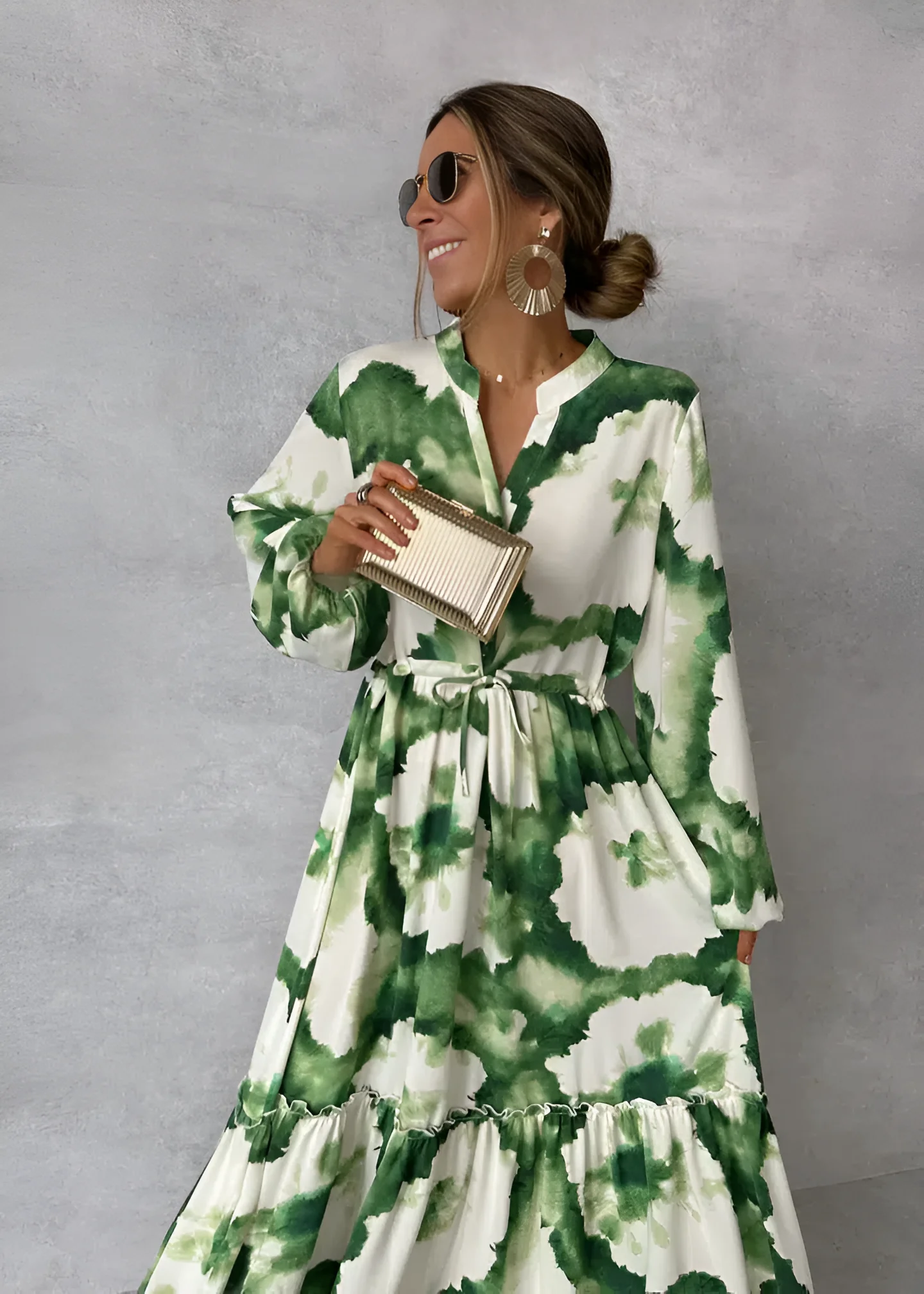 Femmes Robe Maxi Verte Élégante à Manches Bouffantes – Stylé, Écoulement - Image 3