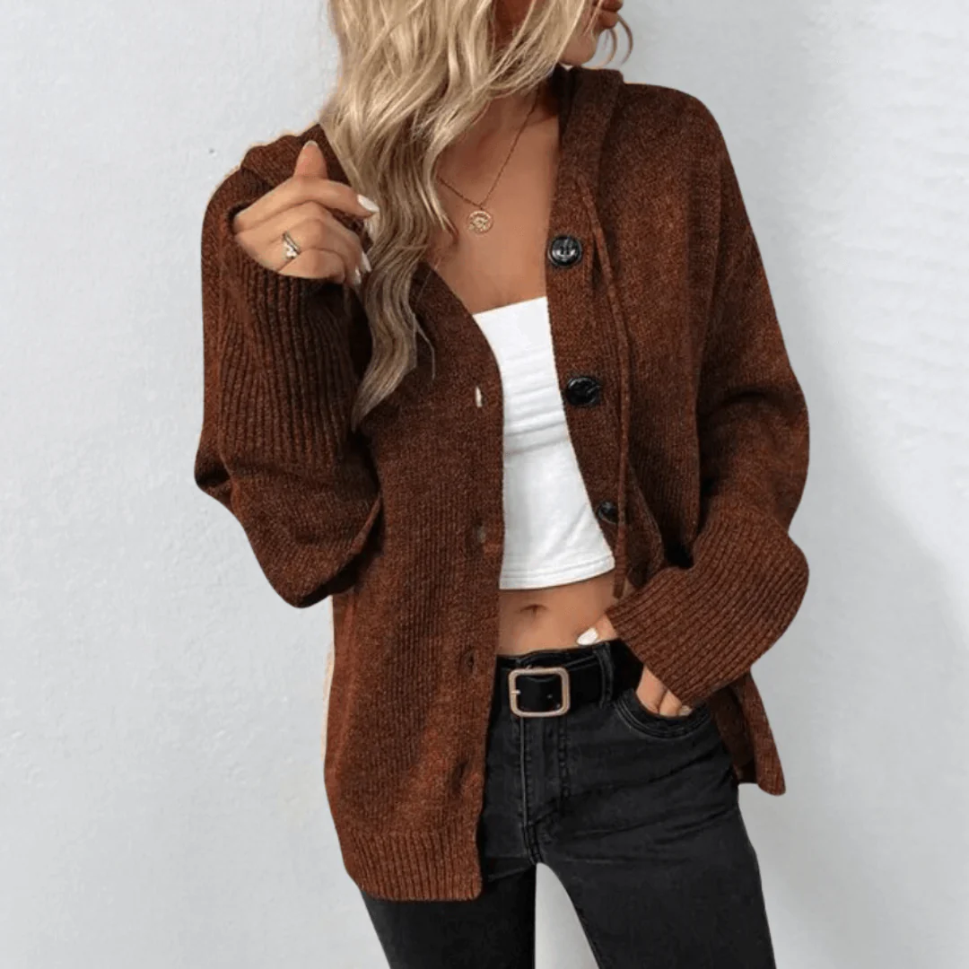 Gilet Cardigan Tricoté à Capuche pour Femme – Décontracté Col V Boutonné Manches Longues - Image 4