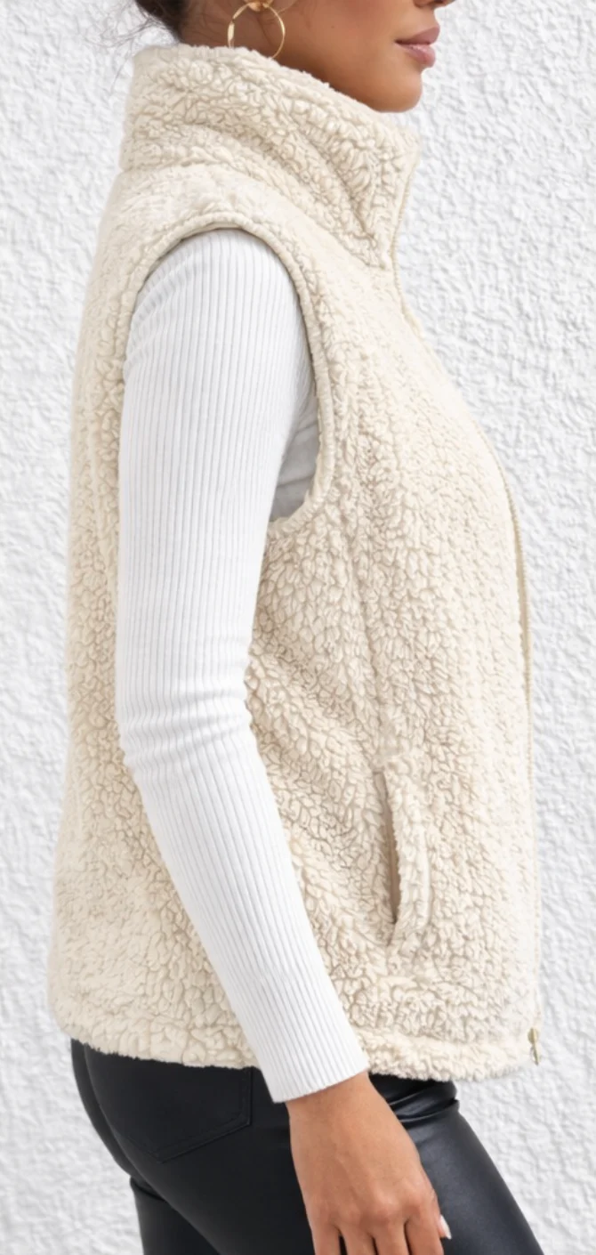 Gilet en Fourrure Douce pour Femme – Veste Élégante à Manches Courtes et Fermeture Éclair - Image 5