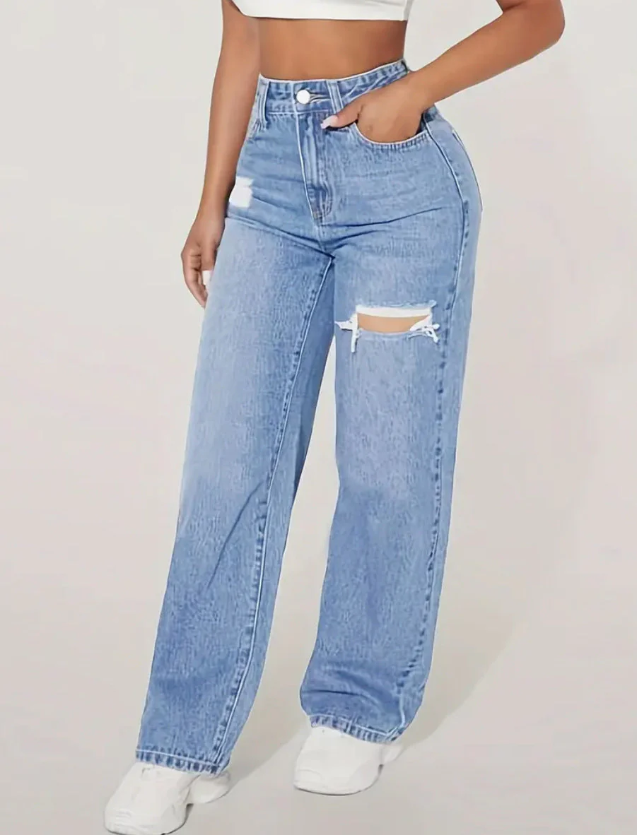 Jean Femme Taille Haute à Jambe Droite et Déchiré – Pantalon Décontracté à la Mode - Image 2
